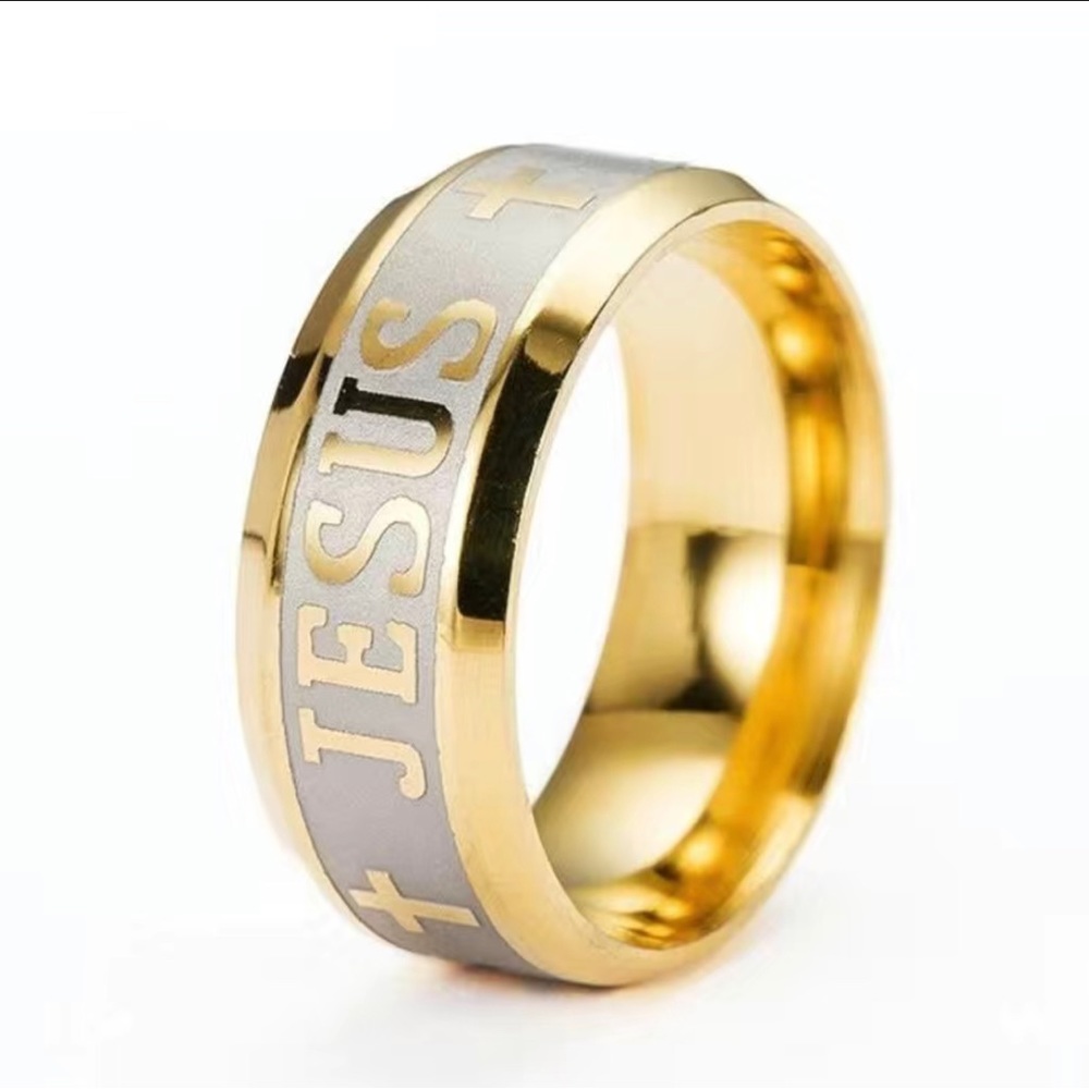 New Stainless Steel 8mm Jesus Gold Tone Band Ring Christian Cross Jewelry